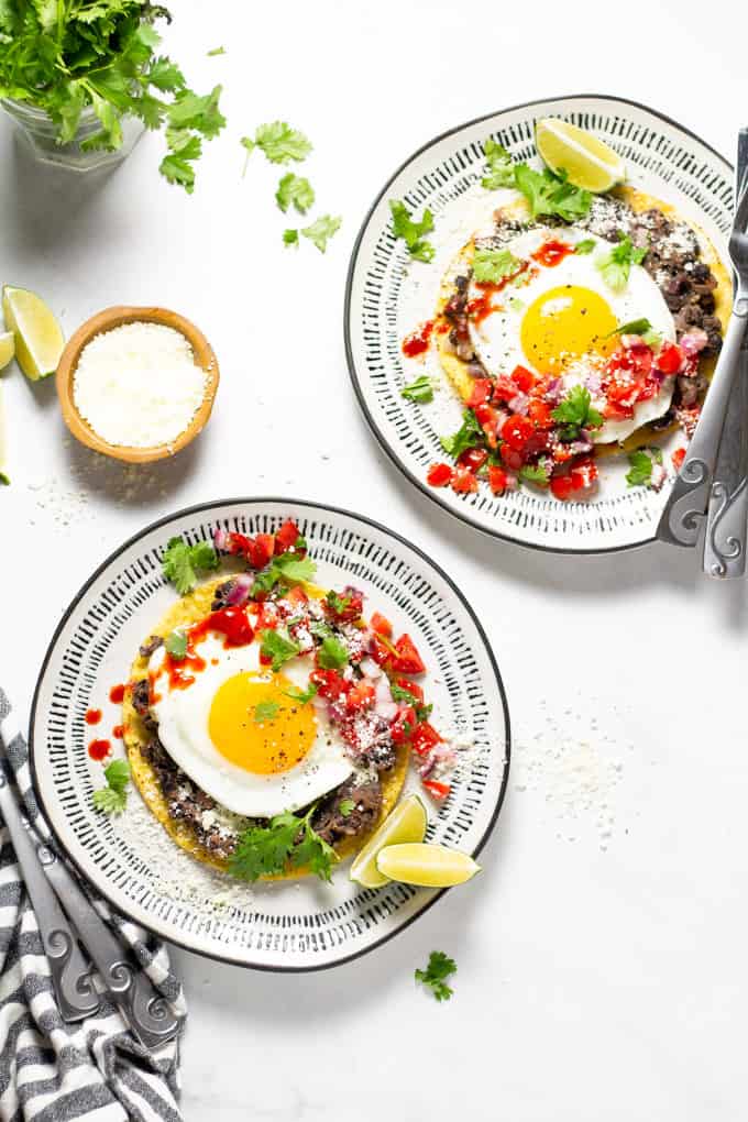 Mexican breakfast tostada on a white and black plates garnished with fresh cilantro and pico de gallo