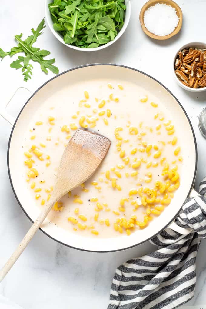 Overhead shot of a large pan filled with ingredients to make Gorgonzola pasta