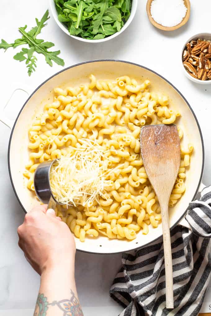 Overhead shot of a large pan filled with ingredients to make Gorgonzola pasta