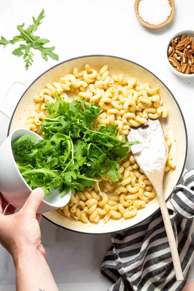 Overhead shot of a large pan filled with ingredients to make Gorgonzola pasta