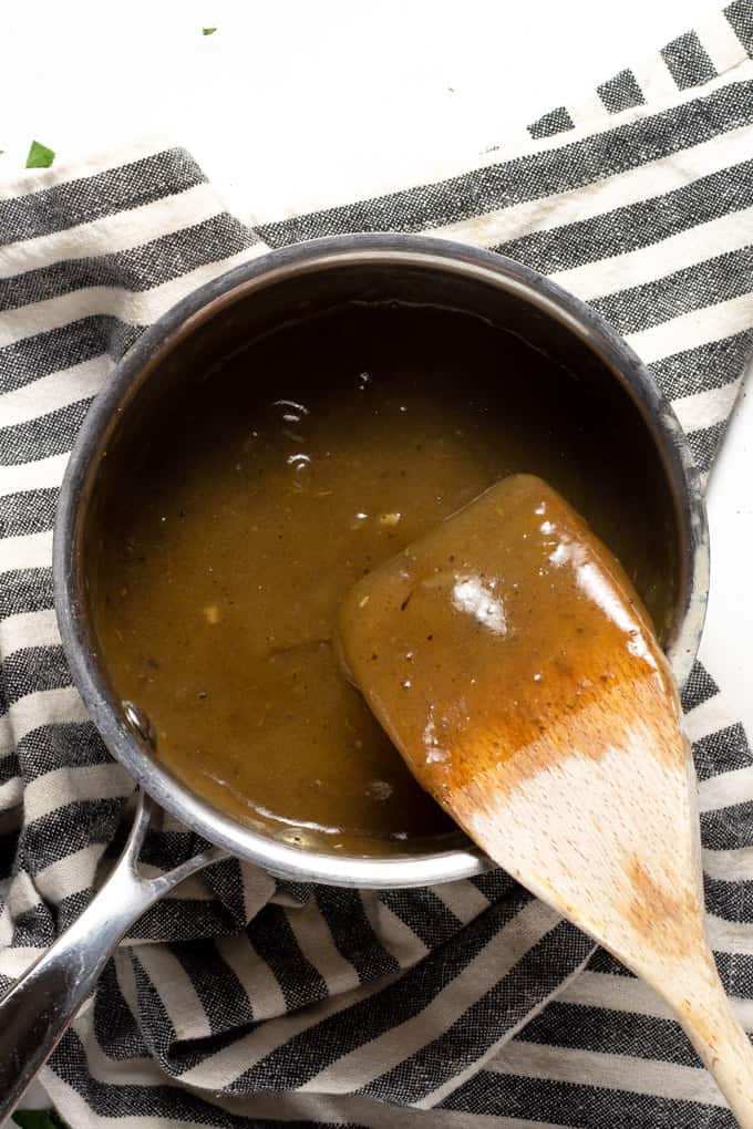 A small saucepan filled with thickened gravy