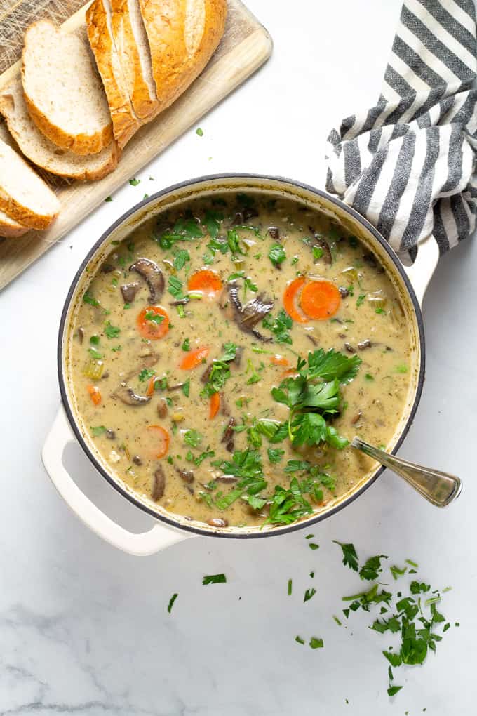 Overhead shot of a pot filled with wild rice soup