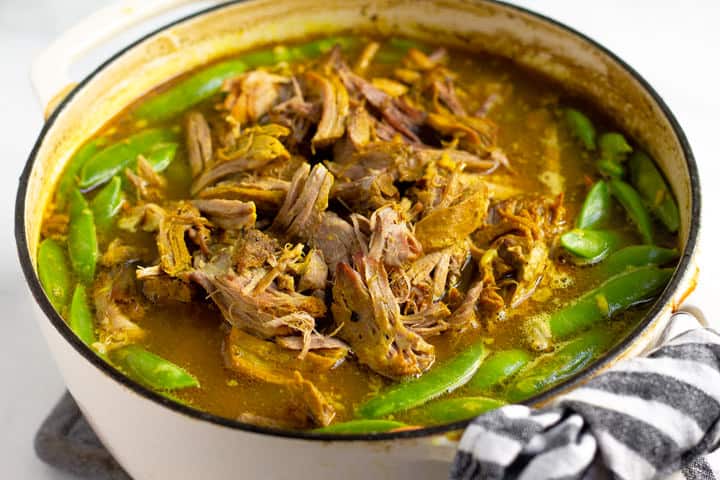 Shredded pork in a curried broth with veggies 