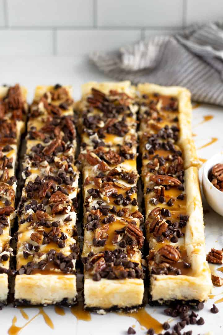 Close up shot of turtle cheesecake bars