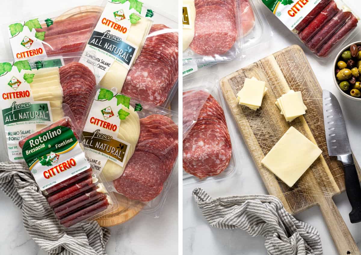 Collage of photos showing meats and cheeses used to create a cheese board