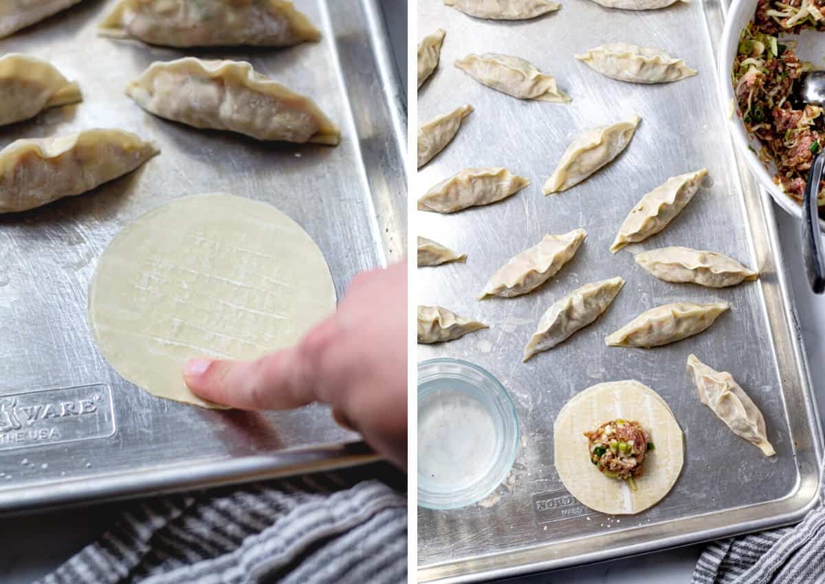 Collage of photos showing how to make pork dumplings