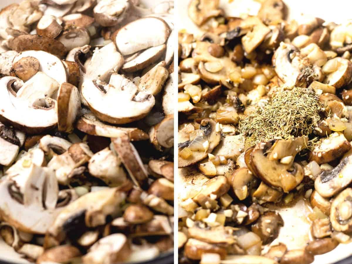 Collage of photos showing how to make mushroom stroganoff