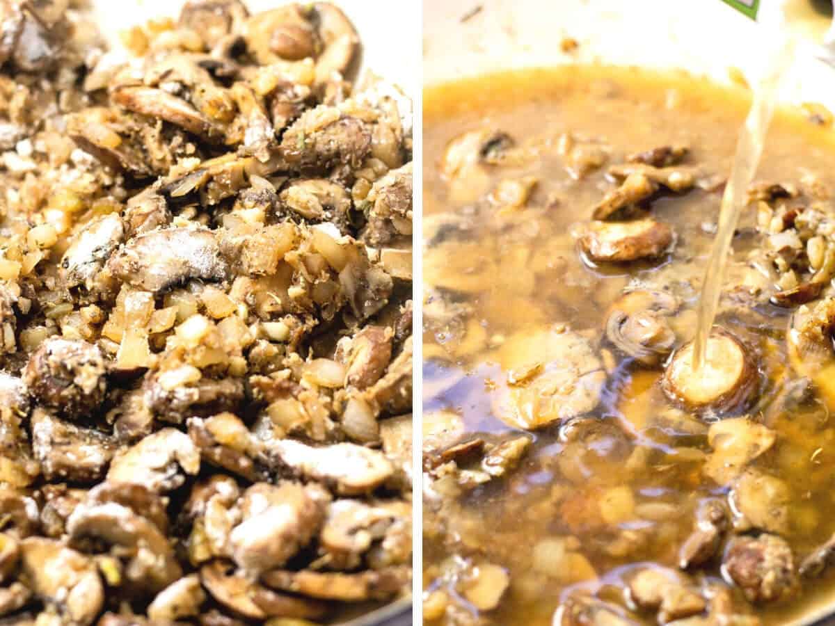 Collage of photos showing how to make mushroom stroganoff