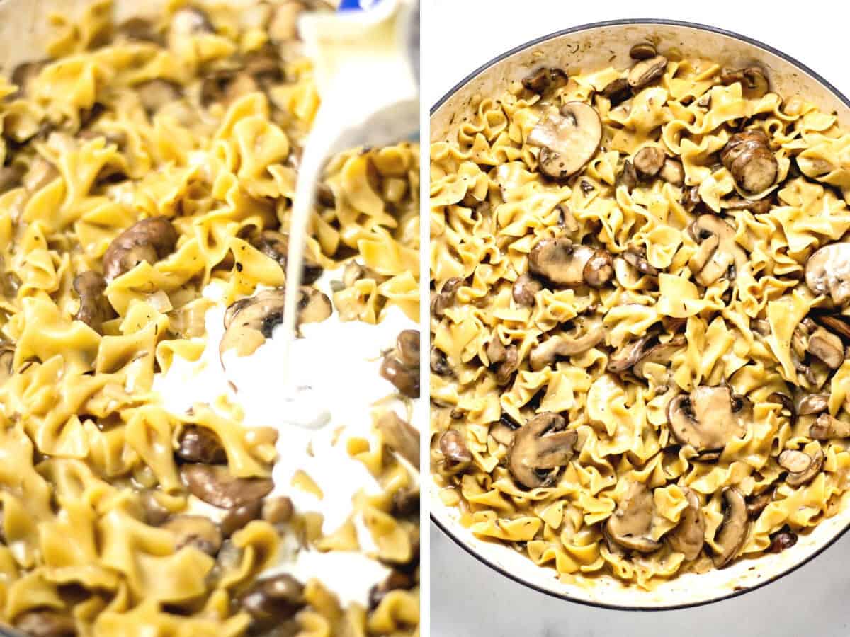 Collage of photos showing how to make mushroom stroganoff