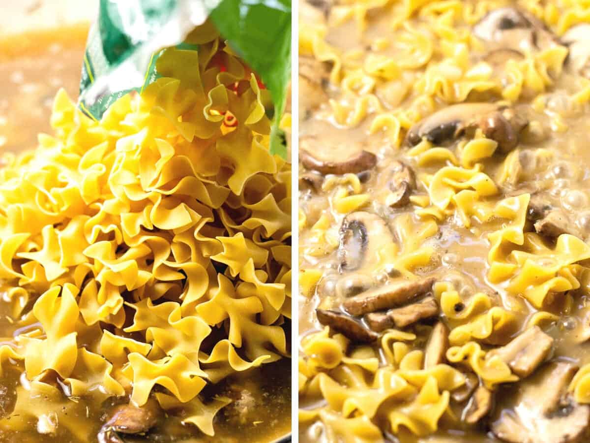 Collage of photos showing how to make mushroom stroganoff