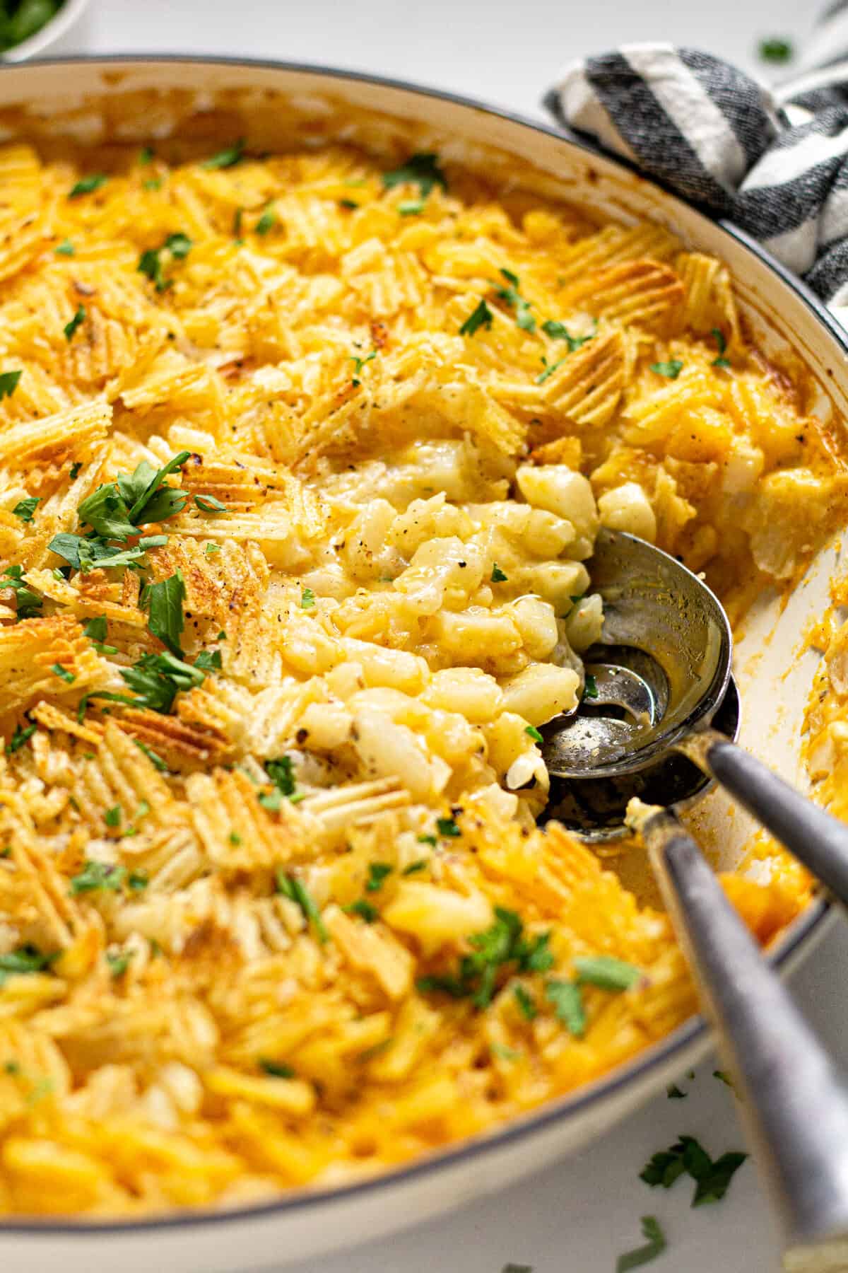 Close up shot of a large pan filled with cheesy potato casserole garnished with fresh parsley 