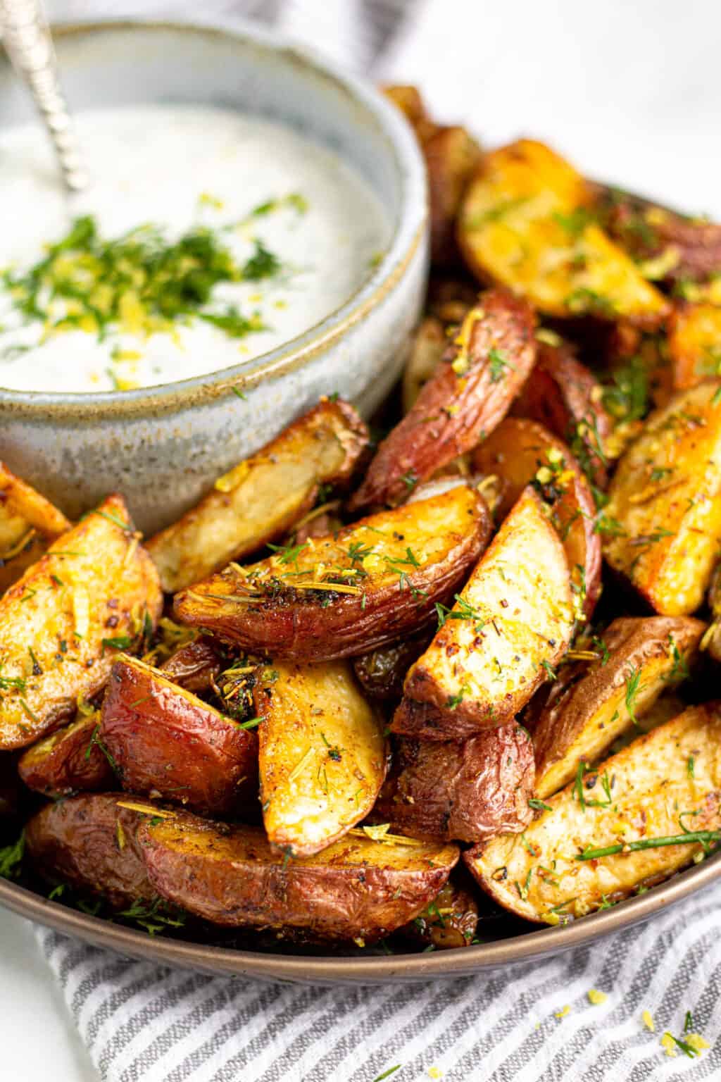 Greek Potato Wedges with Yogurt Sauce - Midwest Foodie