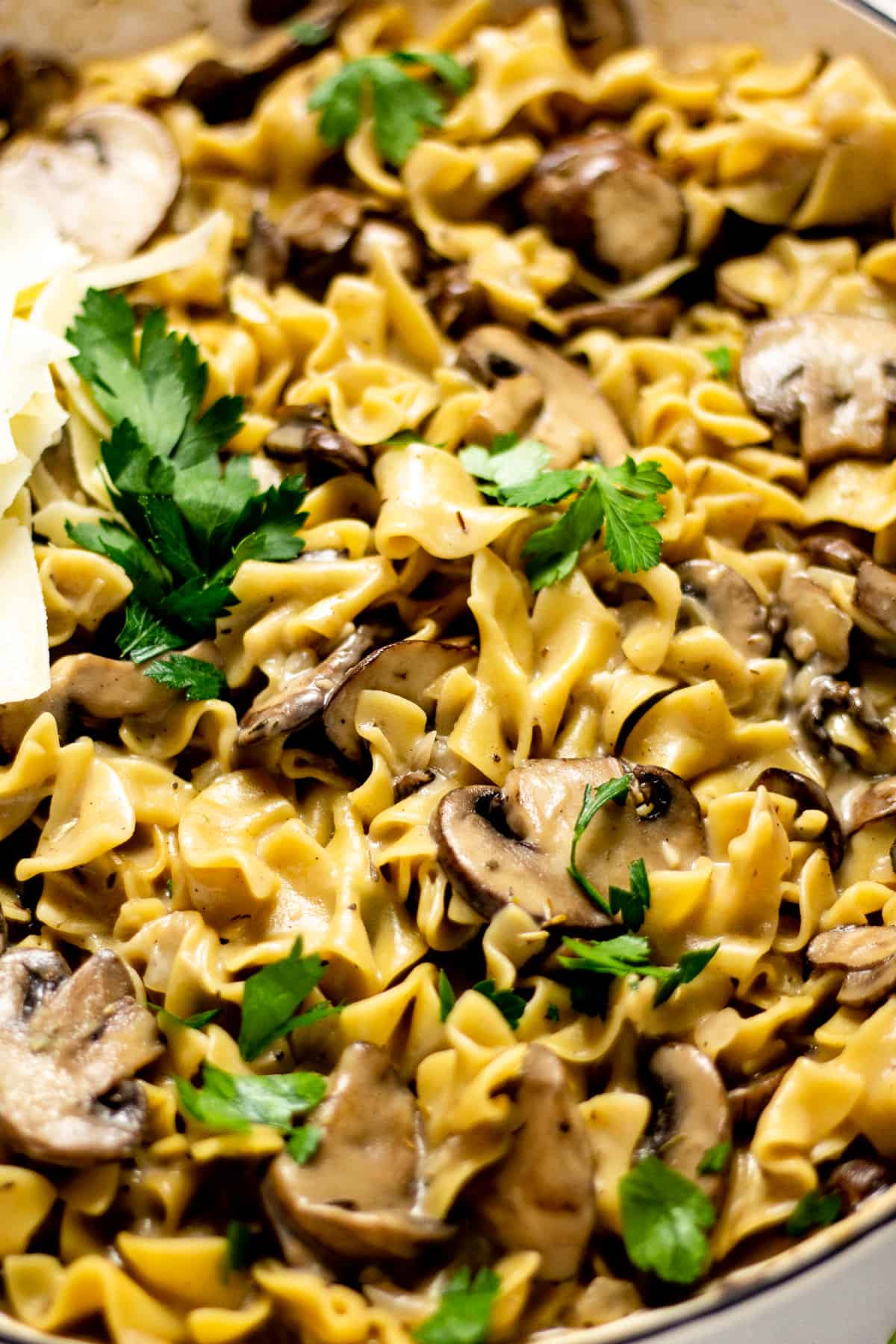 Close up shot of a the finished dish one pot mushroom stroganoff garnished with fresh parsley and Parmesan