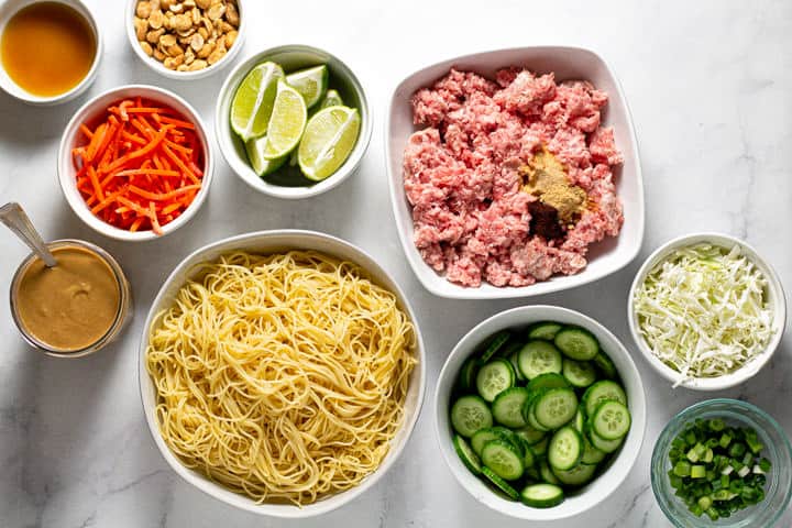 White marble counter top with ingredients to make pork noodles