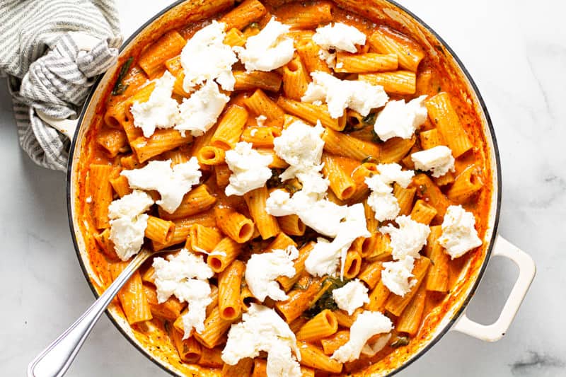 Overhead shot of a baking dish filled with vegetarian baked pasta