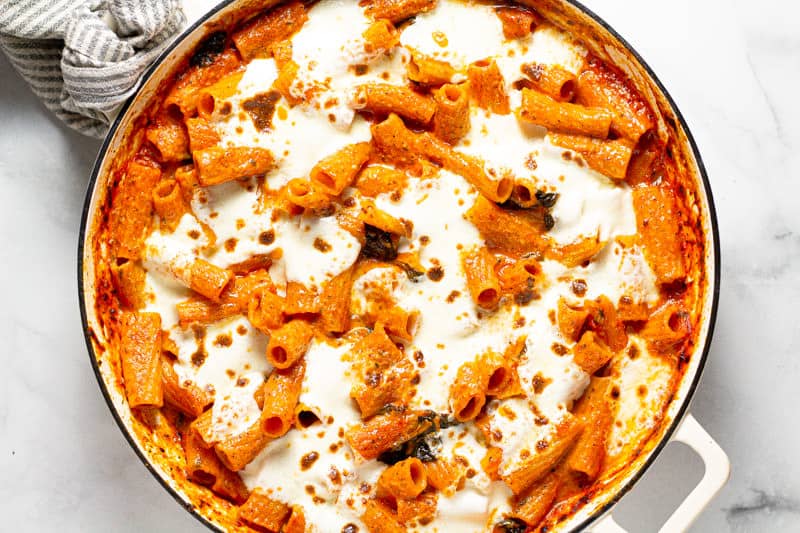 Overhead shot of a baking dish filled with vegetarian baked pasta