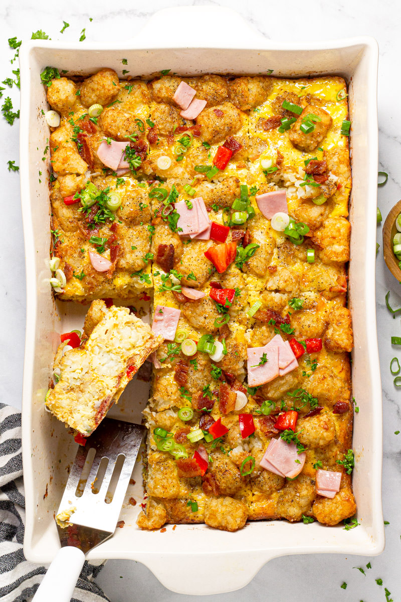 Overhead shot of a tater tot egg bake sliced and ready to eat 