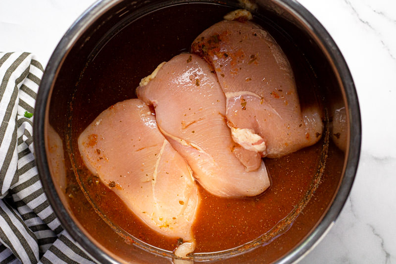 Instant pot insert with salsa spices and raw chicken breast in it
