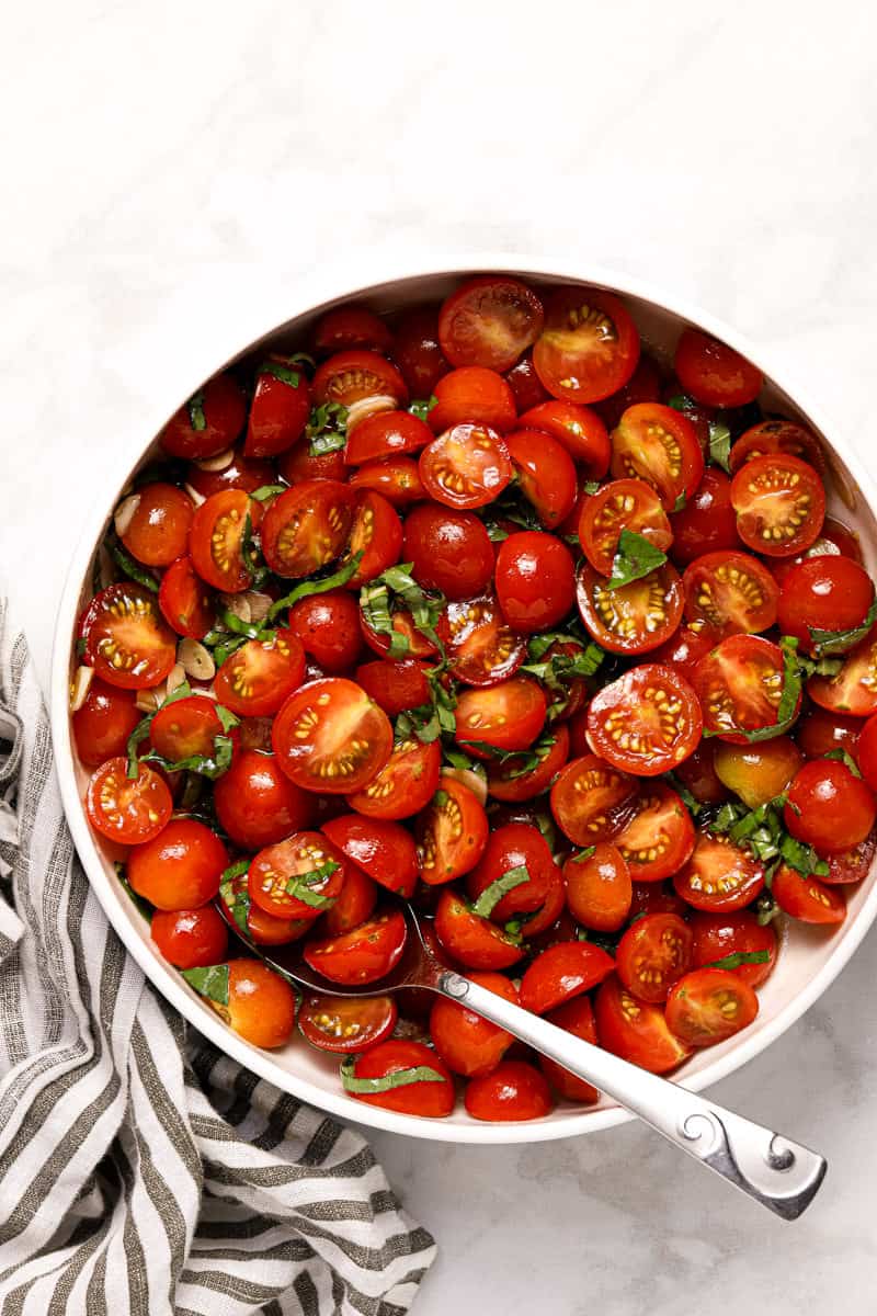 Large white bowl with homemade tomato bruschetta