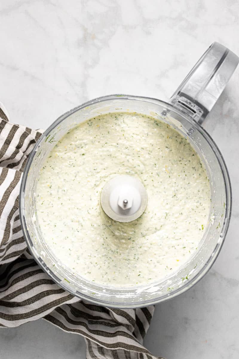 Food processor filled with homemade whipped feta dip
