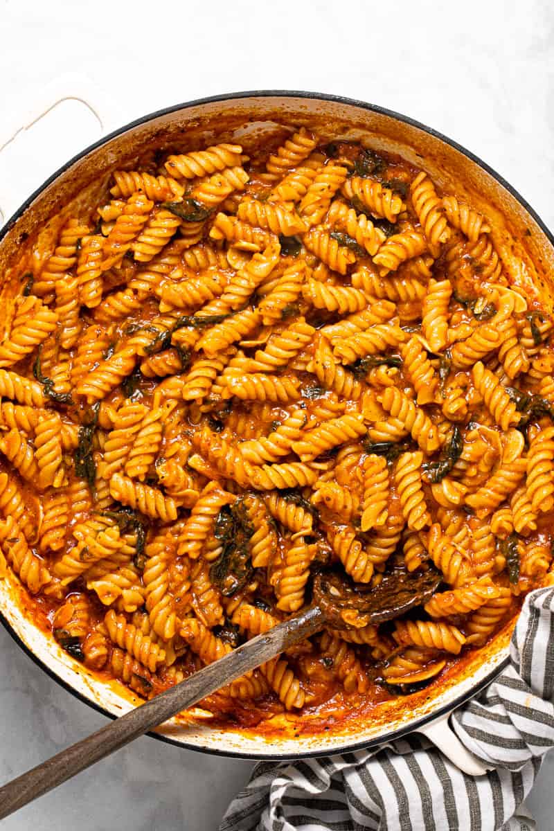 Large white pan filled with freshly baked no boil pasta dinner