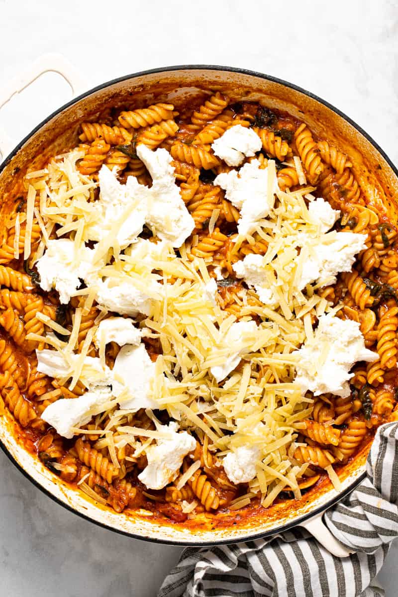 Large pan filled with ingredients to make no boil pasta bake