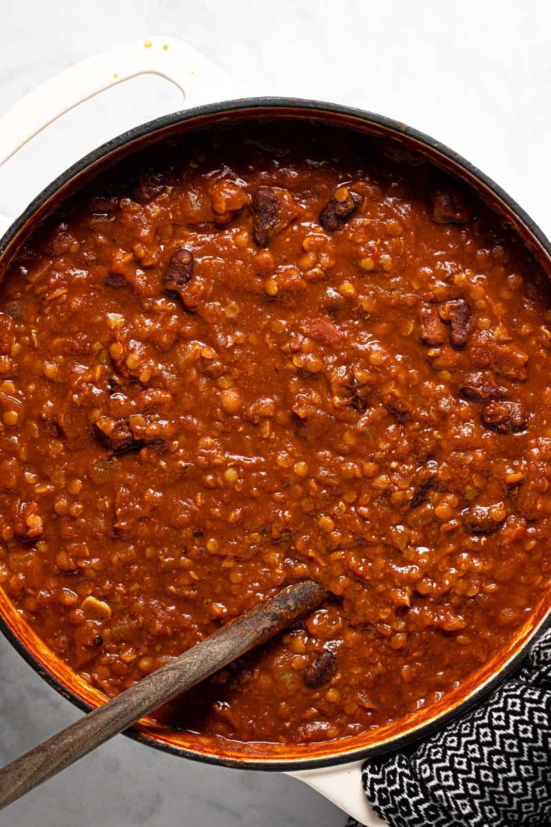Large pot with homemade vegan bean and lentil chili