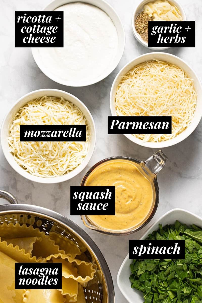 White marble counter top with ingredients to make squash lasagna roll ups