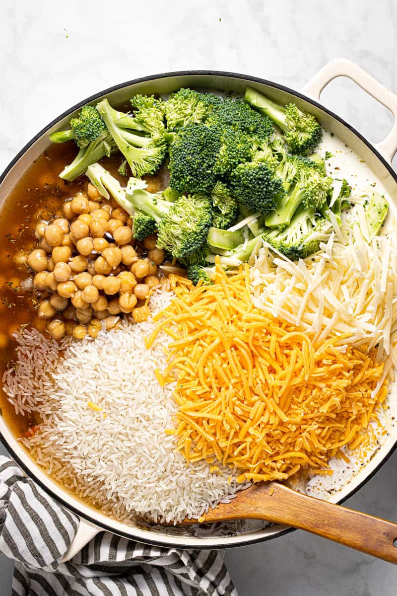 Photos showing step by step how to make one pan chickpeas and rice with broccoli