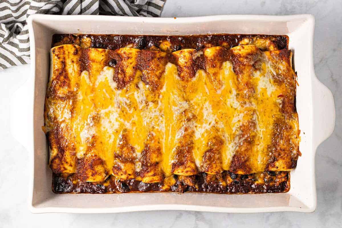 White baking dish filled with homemade cheesy chicken enchiladas fresh from the oven