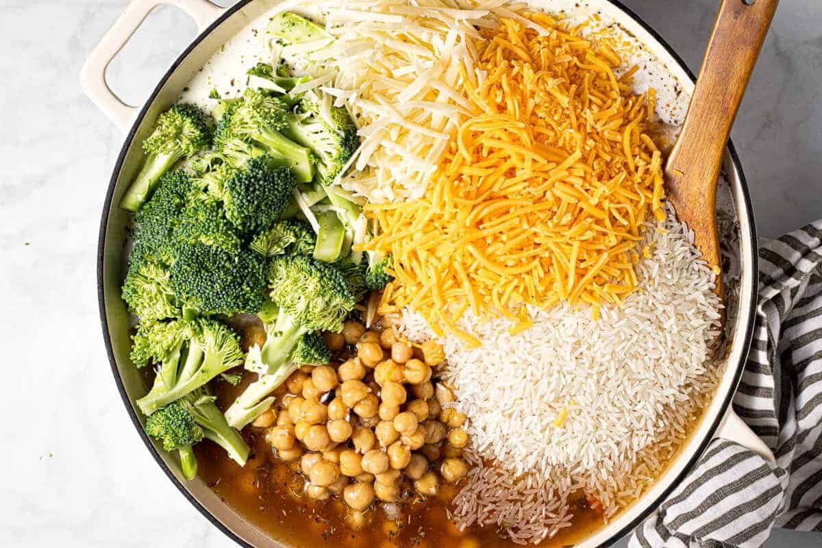 Photos showing step by step how to make one pan chickpeas and rice with broccoli 