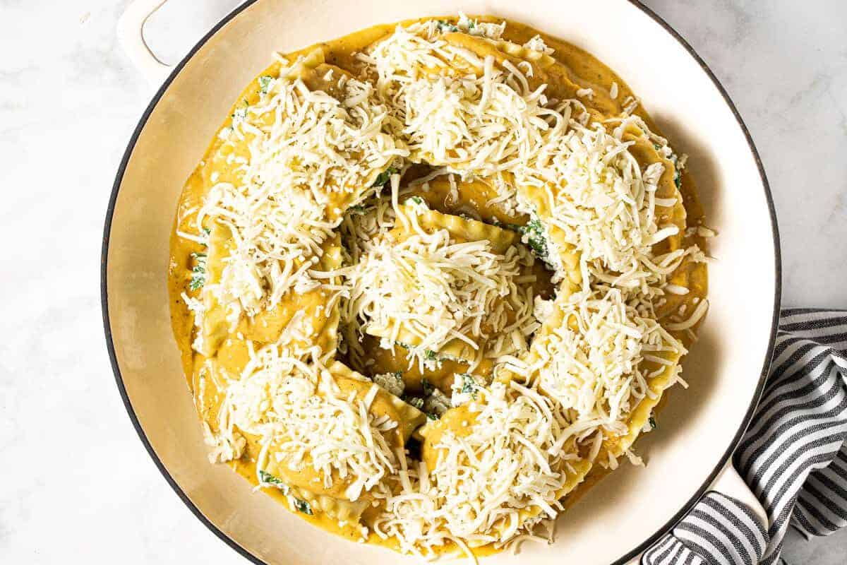 Squash lasagna rolls up in a white pan topped with shredded cheese