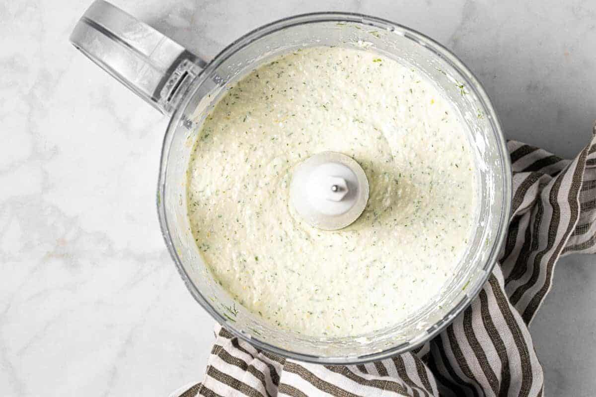 Food processor filled with homemade whipped feta dip