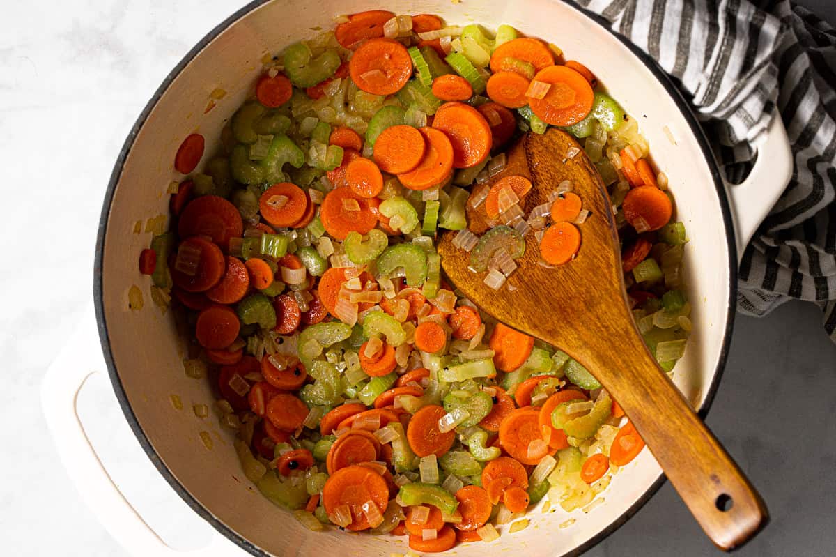 Large pot filled with sautéed veggies