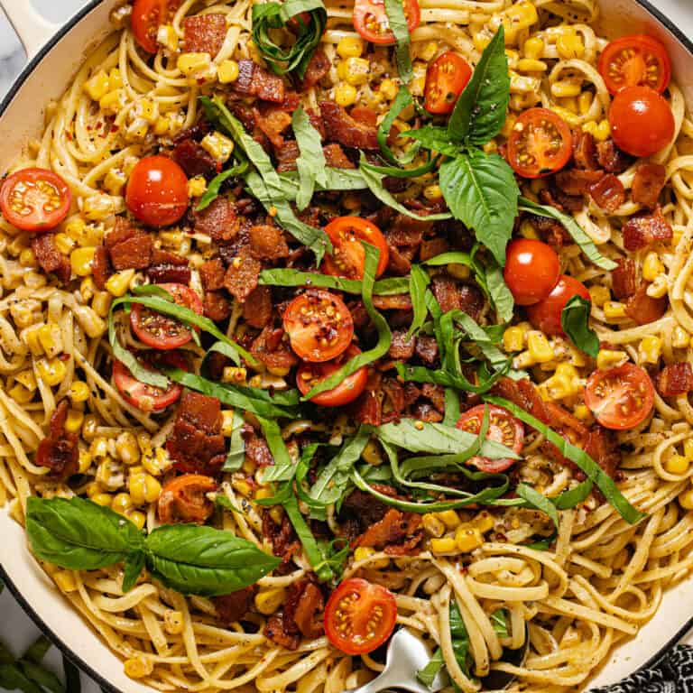 Bacon Pasta with Corn and Basil