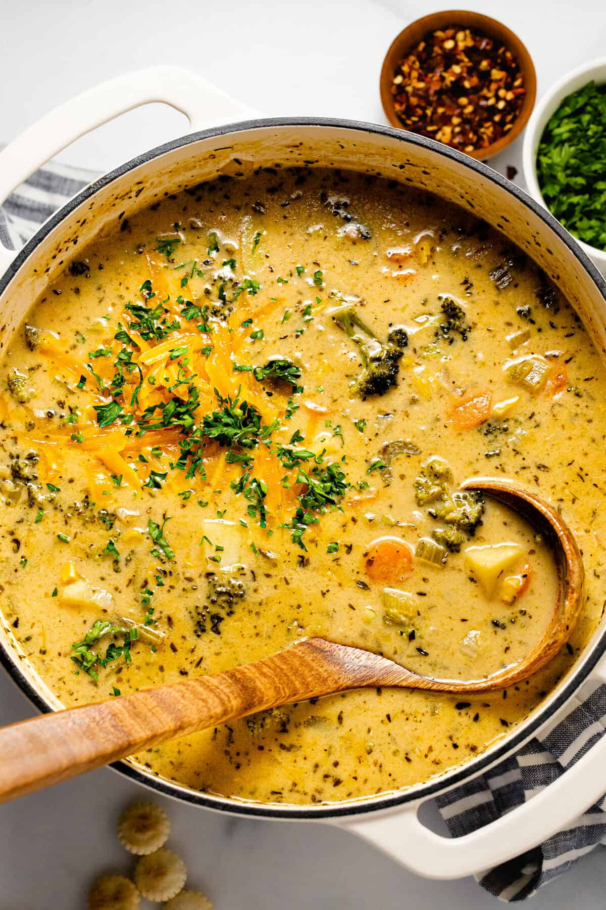Large white pot filled with cheesy vegetable soup garnished with parsley