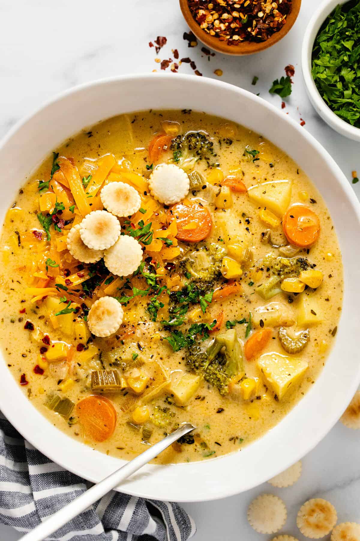 Overhead shot of a large bowl of cheesy vegetable soup topped with oyster crackers