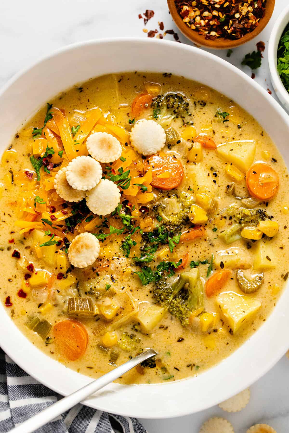 Overhead shot of a large bowl of cheesy vegetable soup topped with oyster crackers