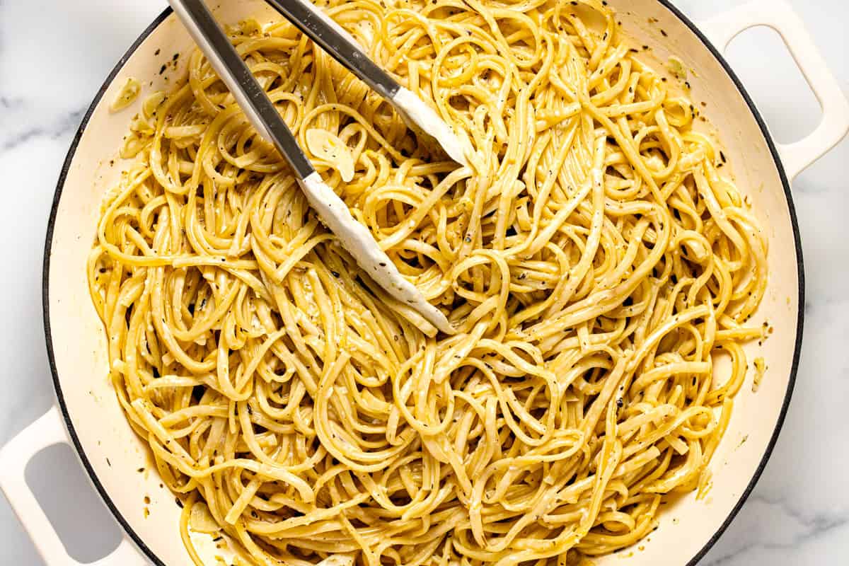 Linguine tossed in a creamy herb garlic sauce with fresh lemon.