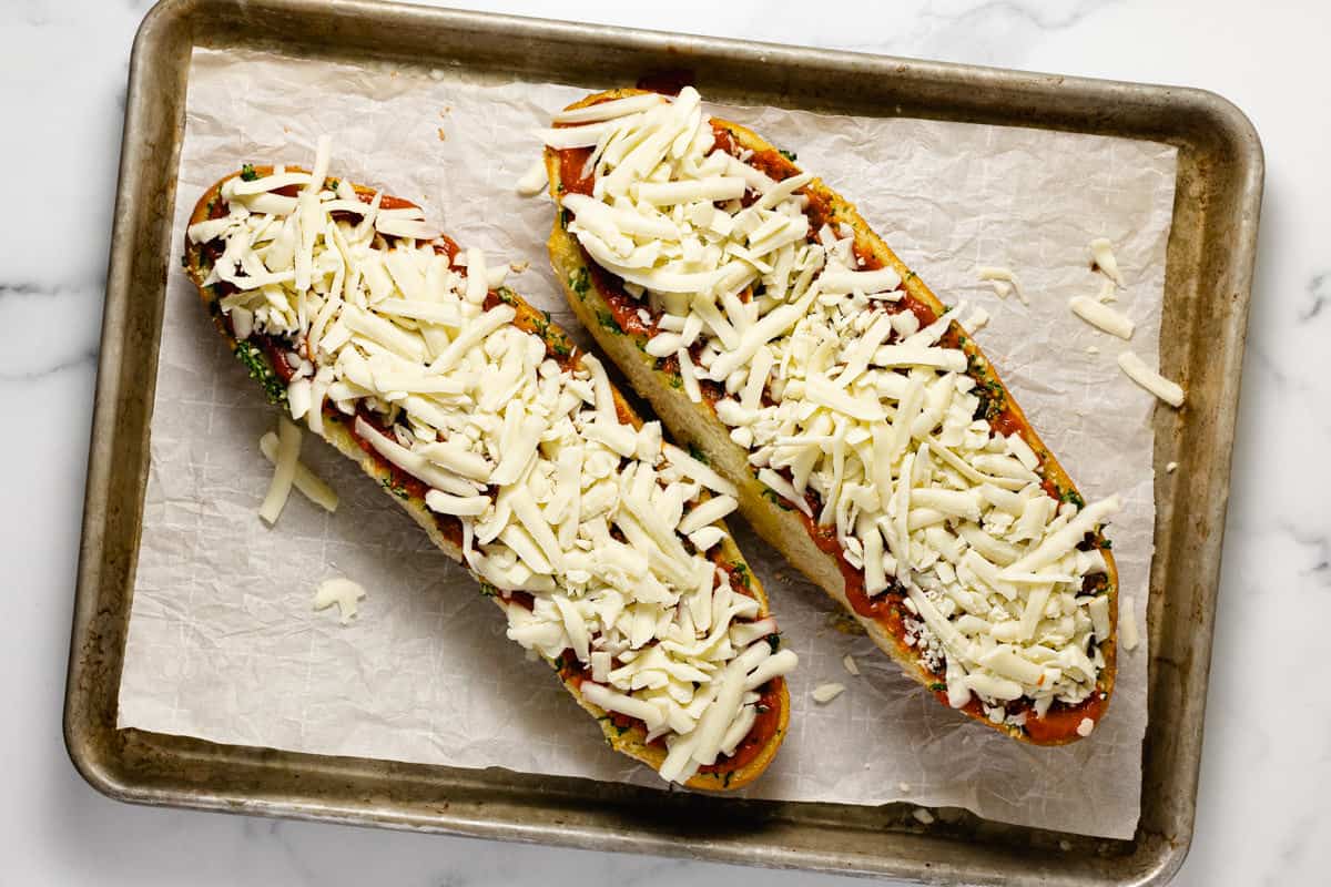 Step by step photos showing how to make homemade garlic bread pizza