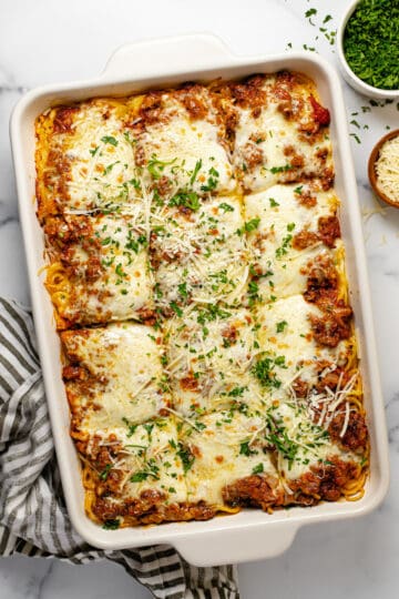 Cheesy Baked Spaghetti Recipe with Ground Beef - Midwest Foodie