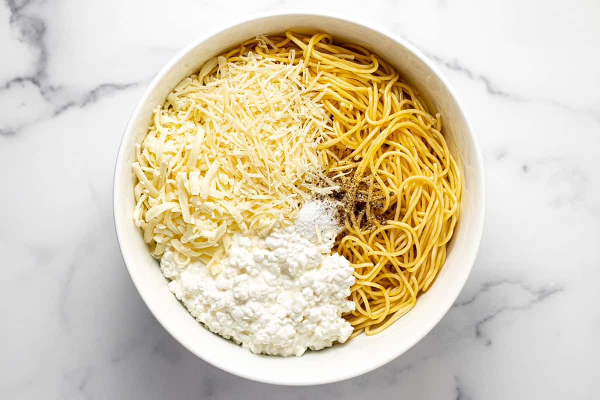 Large white bowl filled with spaghetti cheese and cottage cheese