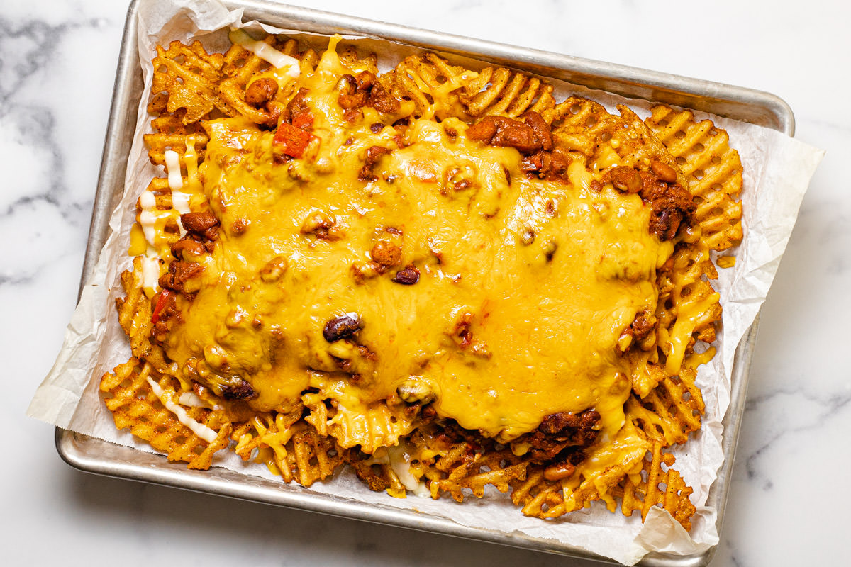 Freshly baked chili cheese fries