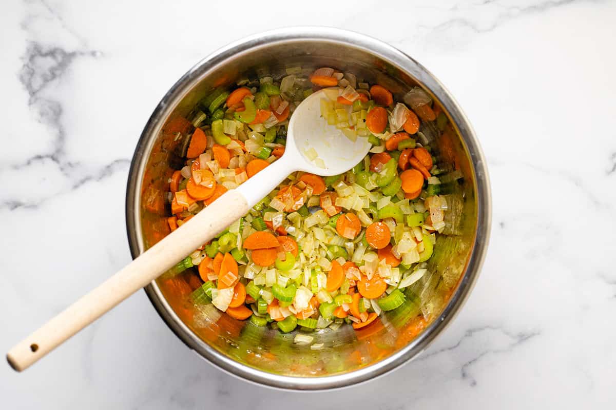 Instant pot insert filled with sautéed veggies