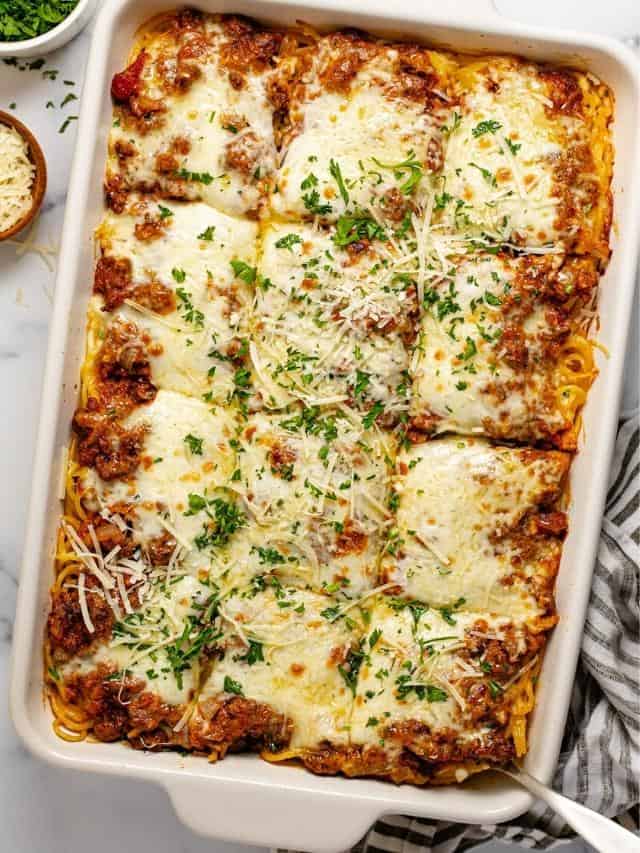 Cheesy Baked Spaghetti With Ground Beef - Midwest Foodie