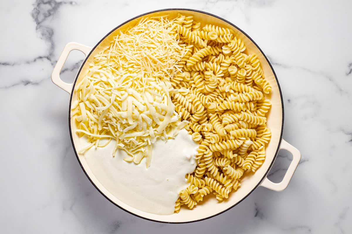 Large pan filled with pasta and cheese