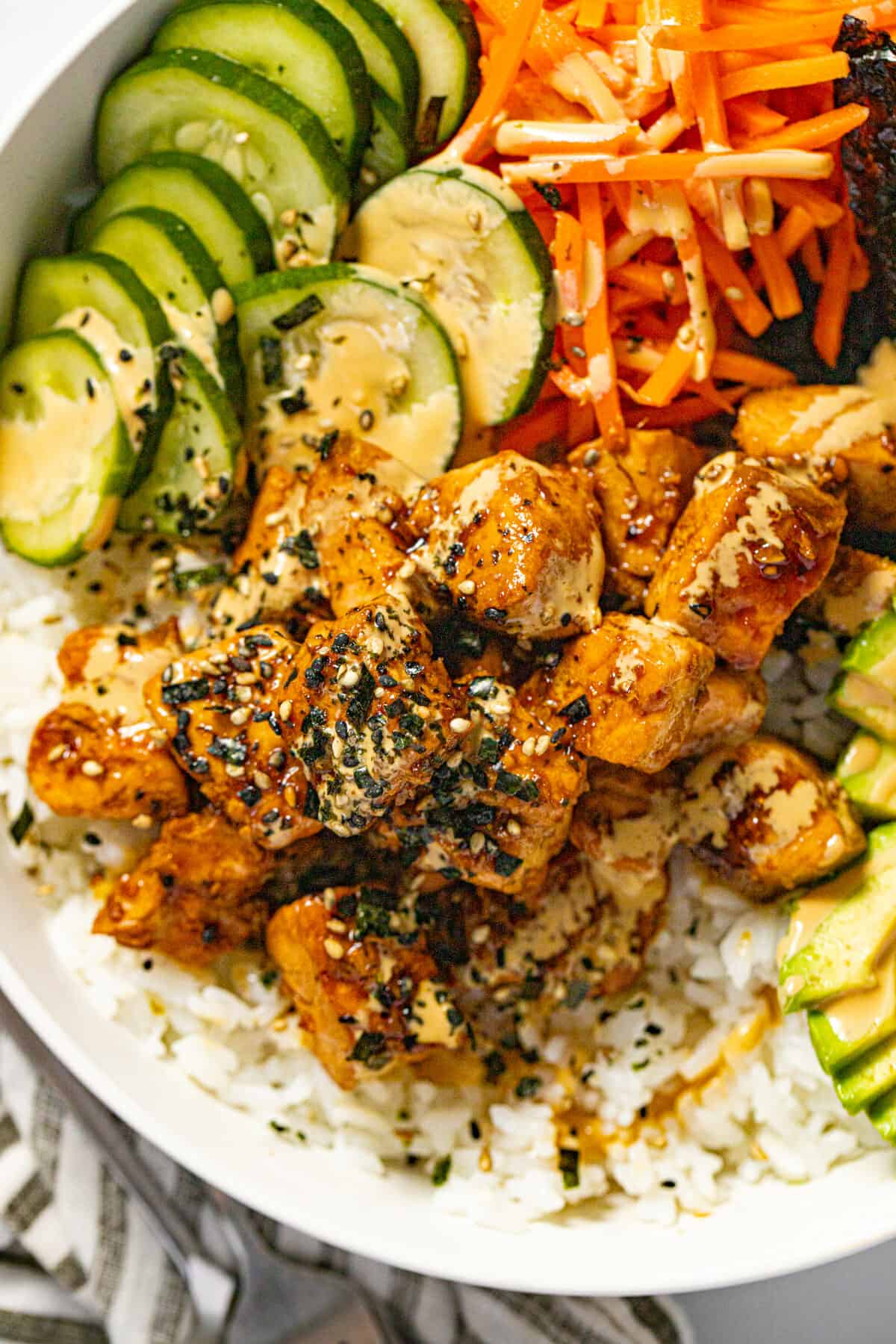Close up of sesame salmon in a sushi bowl