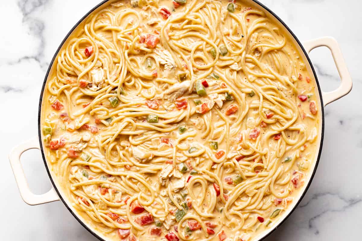 Chicken spaghetti spread in a large casserole dish