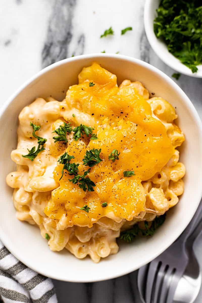 White bowl filled with smoked mac and cheese