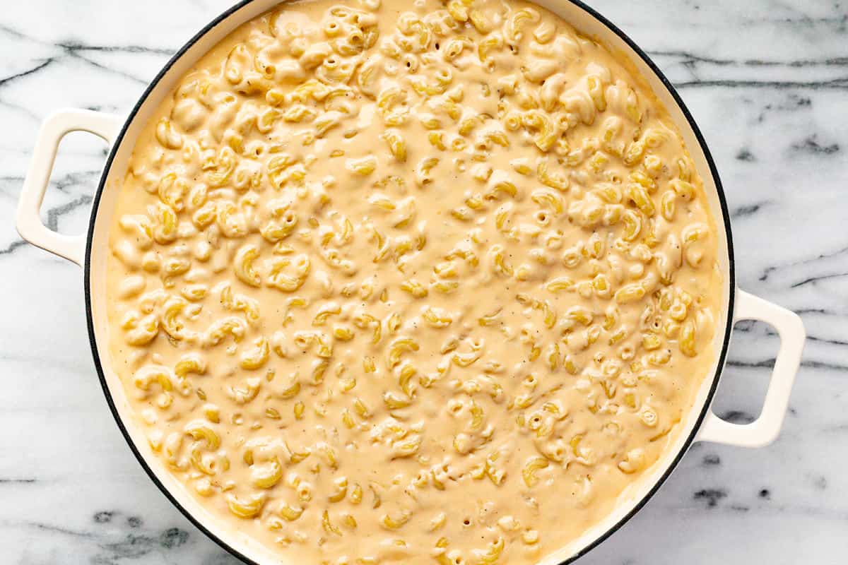 Homemade smoked mac and cheese in a large white pan